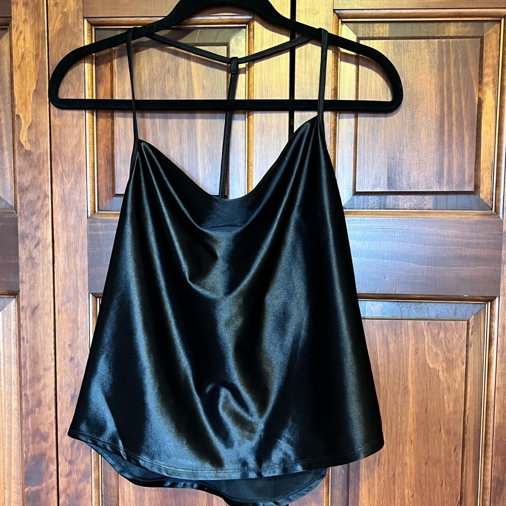 NWT Simple Black Satin Blouse with T Back